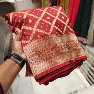 Red Banarasi silk saree with gold zari border